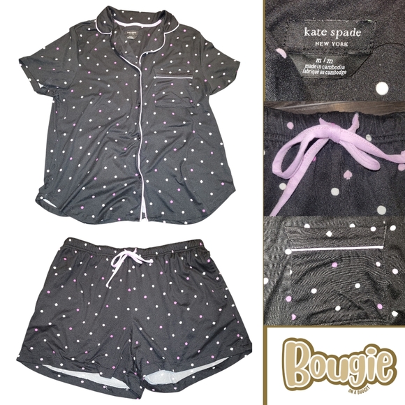 kate spade Other - Kate Spade Pajama Set Women | Black Polka Dot & Spade Print Button Down Shorts M